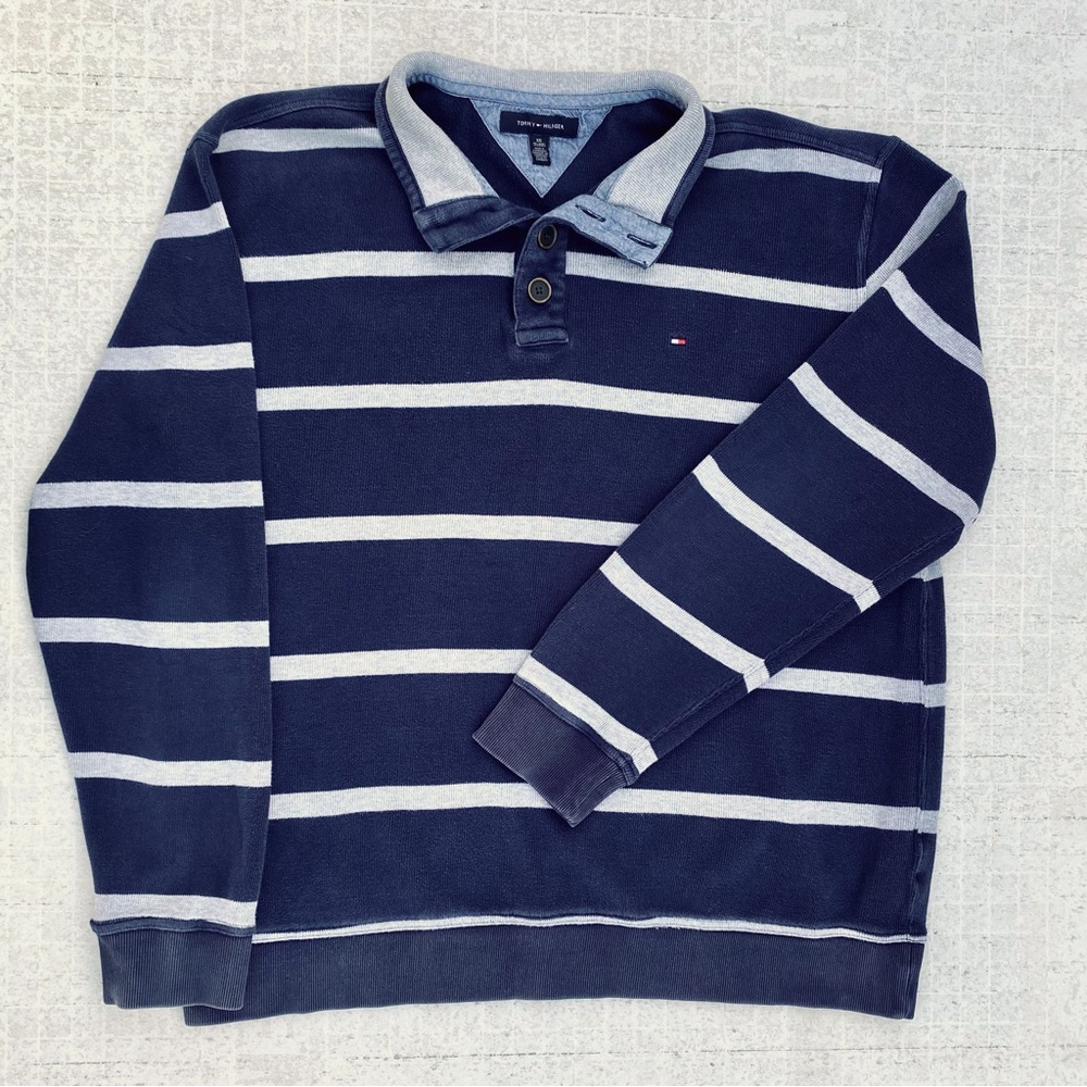 Tommy Hilfiger Sweater 2XL Grey Blue Stripe Cotton